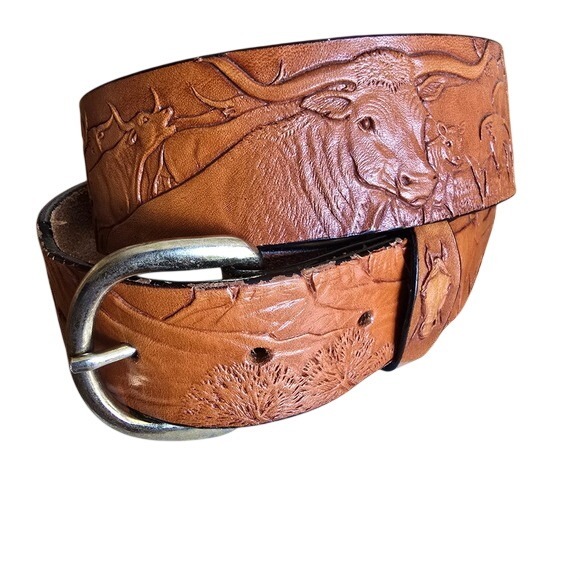 Belt Factory Accessories - Al Stohlman Belt Brown Leather Embossed Western Longhorn Belt 32